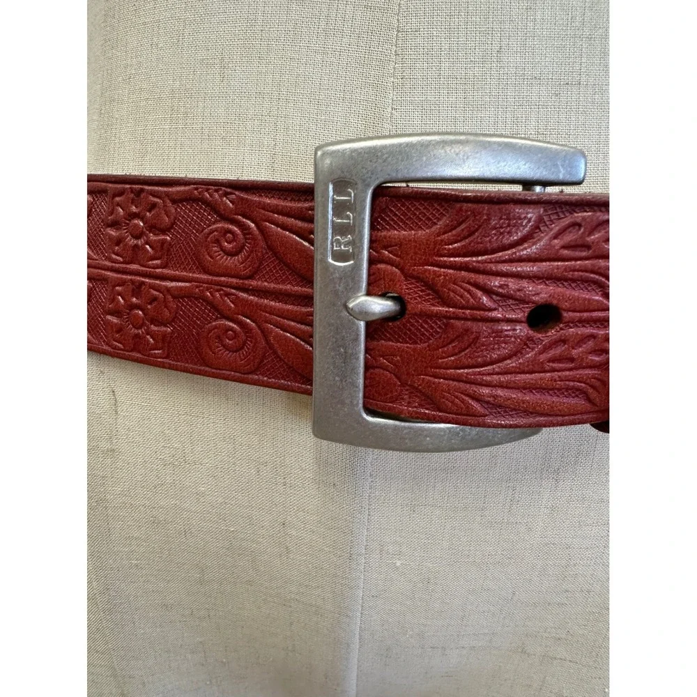 Lauren Ralph Lauren Floral Tooled Embossed Red Leather Belt Size Medium